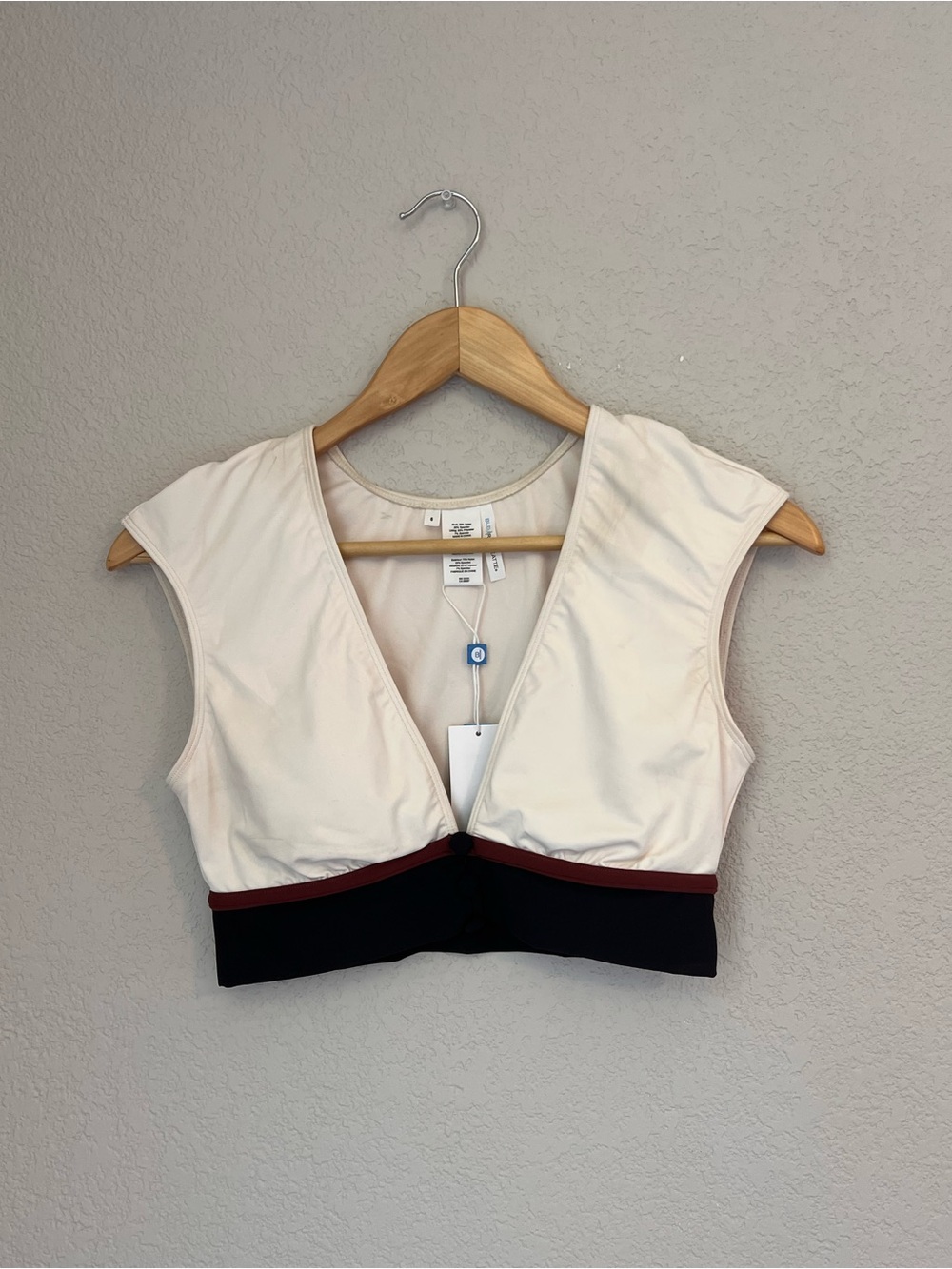 Bleu Rod Beattie Cream and Black V-Neck Bikini Top with Maroon Trim Accent